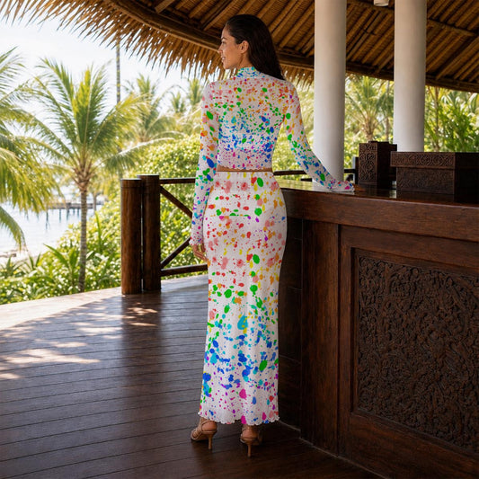 Around The Way Print Women's High Neck Skirt Set With Thumb Hole