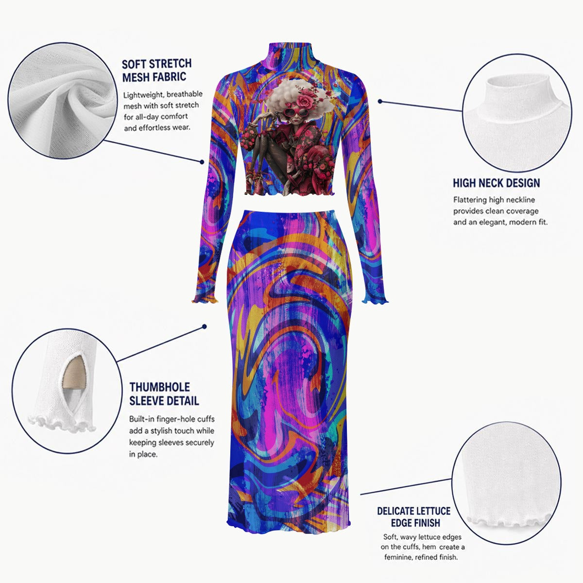 Basquiat Women's High Neck Skirt Set With Thumb Hole
