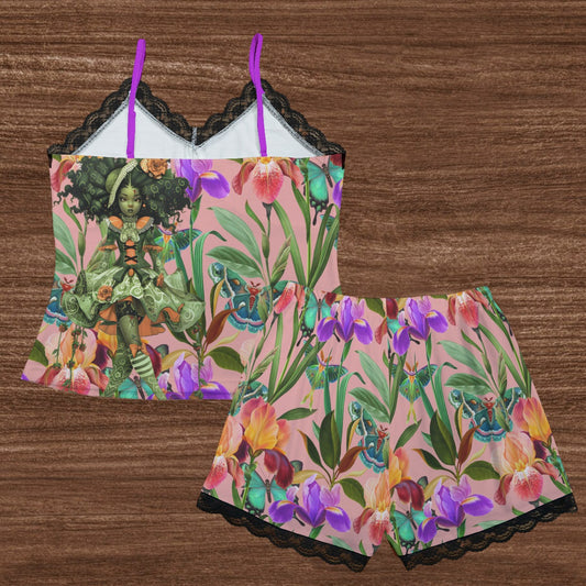 Whimsical Women's Cami Home Suit With Lace Edge