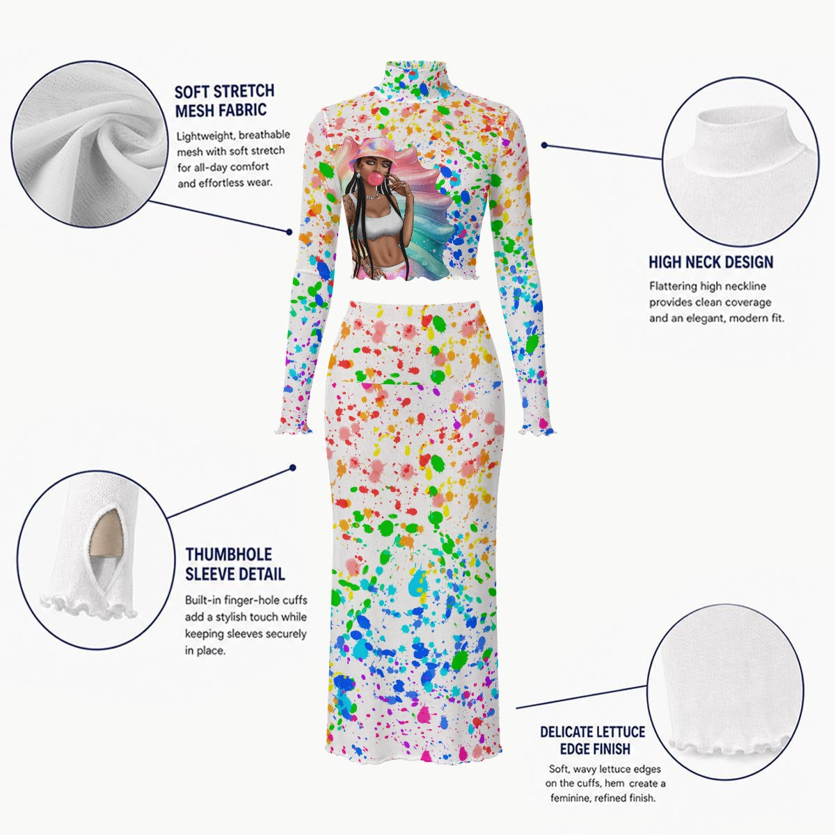 Around The Way Print Women's High Neck Skirt Set With Thumb Hole