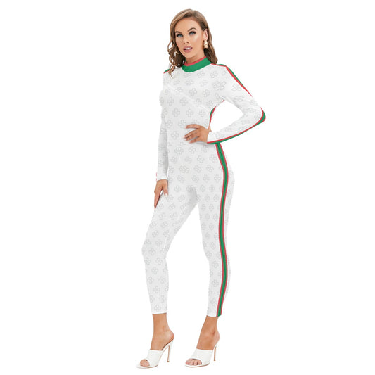 China White Women's Long-sleeved High-neck Jumpsuit With Zipper