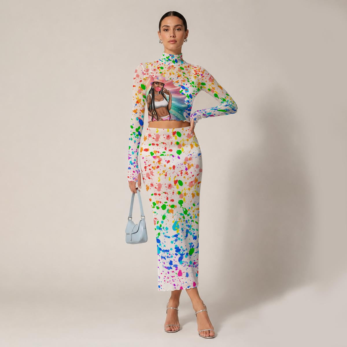 Around The Way Print Women's High Neck Skirt Set With Thumb Hole
