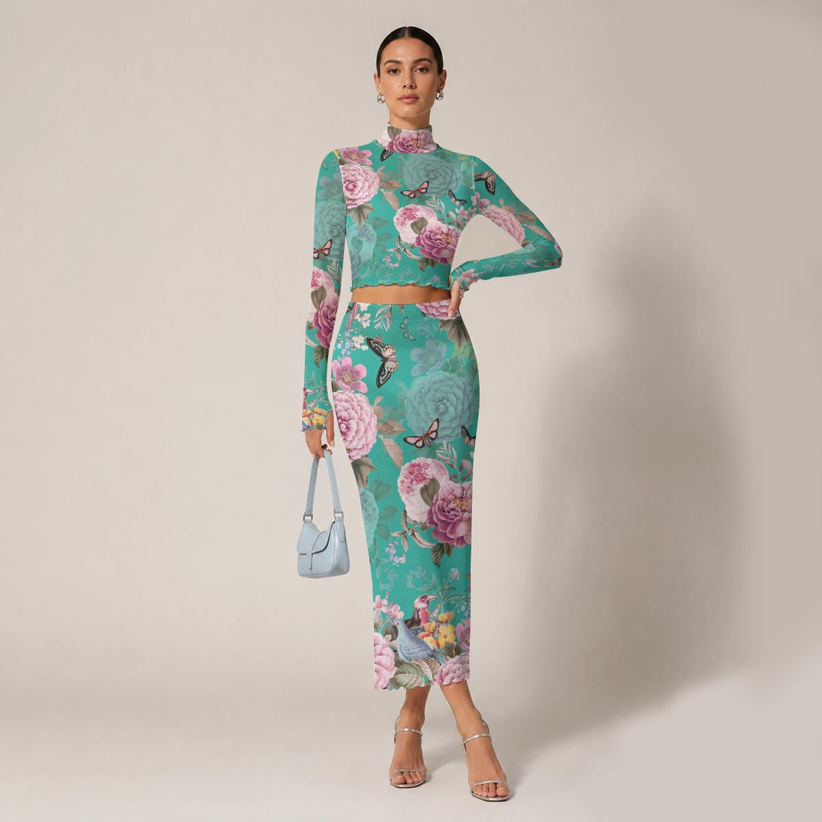 Fleur Women's High Neck Skirt Set With Thumb Hole